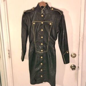 Michael Hoban Black Leather Gold Iconic 80’s Midi Dress Military